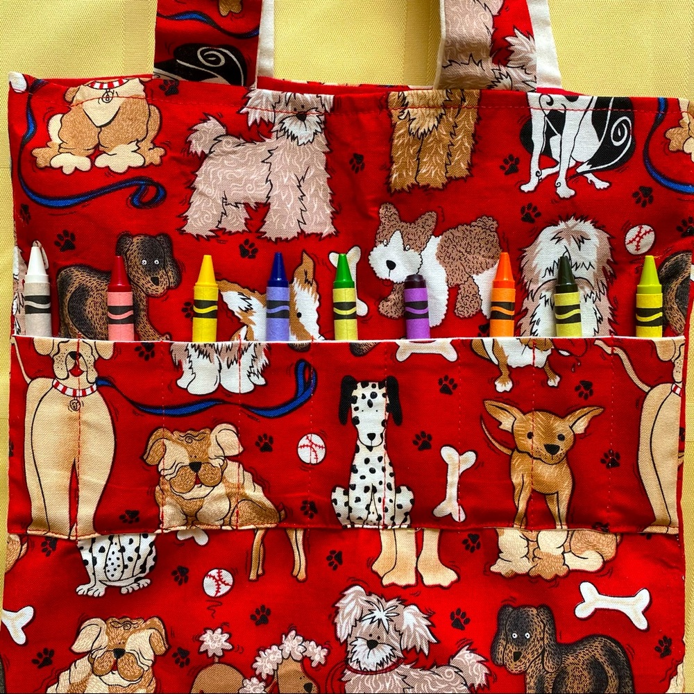 NWT, cute doggie crayon bag tote, handmade, includes bag and crayons